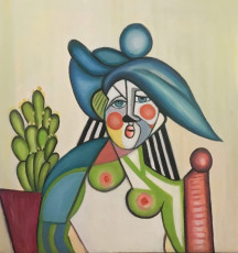<em>Woman with blue hat</em>, 19.5”x19.75”, oil on canvas