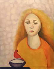 <em>Young woman with red bird</em>, 16" x 12", oil on canvas