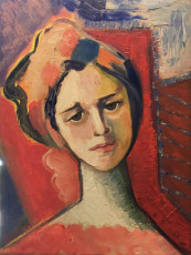 <em>woman with pink head scarf…</em>, 16" x 12", oil on canvas